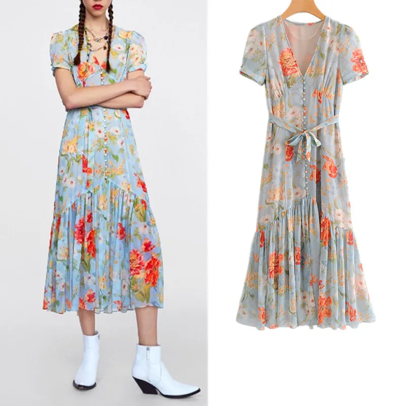

New Style Fairy Wind Europe Bloggers V-neck Lace-up Floral Dress Short Sleeve Fresh Elegant Long Skirts Summer Influx J8059