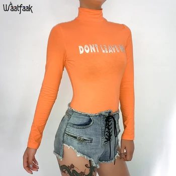 

Waatfaak Turtleneck Basic Casual Autumn Bodysuits Women Long Sleeve Bodysuits Ladies Print Reflective Graphic Orange White Slim