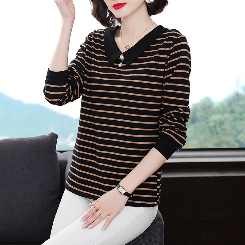

Women's Clothing 2021 Autumn Winter New Top V-neck Korean Mother's Clothing Fat Girl Long Sleeve Striped LARGE T-SHIRT