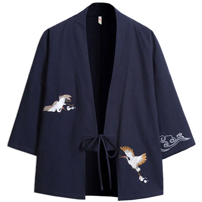 Kimono Cardigan Japanese Style Men Samurai Haori Clothing Crane Embroidery Traditional Vintage Yukata Asian Clothes Women