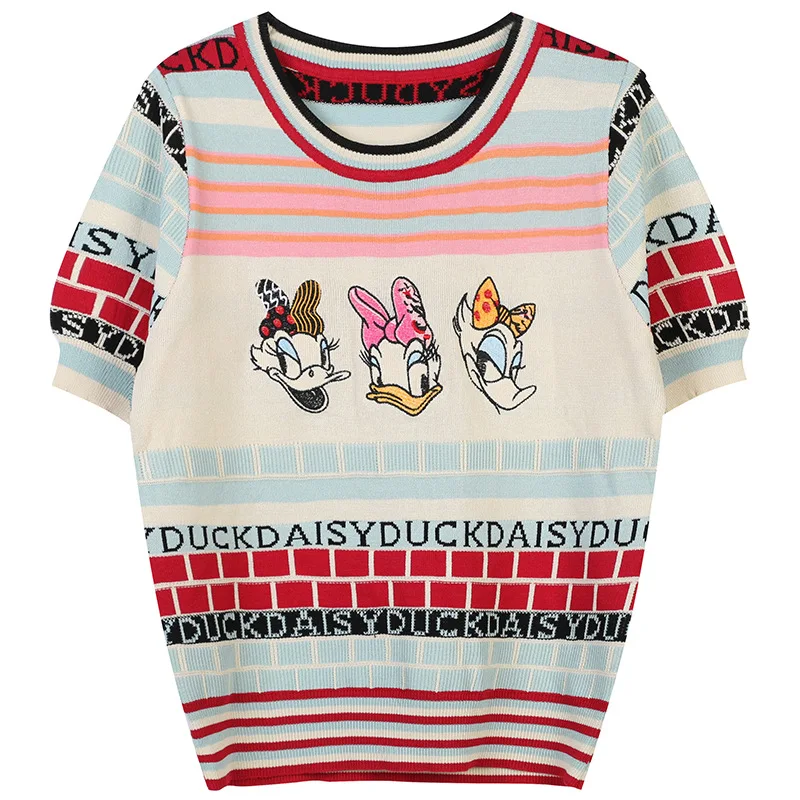 Disney Cardigan Women Knitted Sweater Tops Casual Donald Duck Korean Fashion Summer Short Sleeve Sweater Kawaii Loose Crop Top friends t shirt Tees