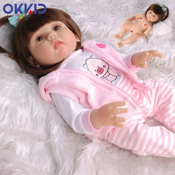 

OKKID 45cm Full Body Silicone Baby Girl Reborn Doll Real Lifelike Toddler Baby Doll In Pink Coat With Pacifier Feeding Bottle