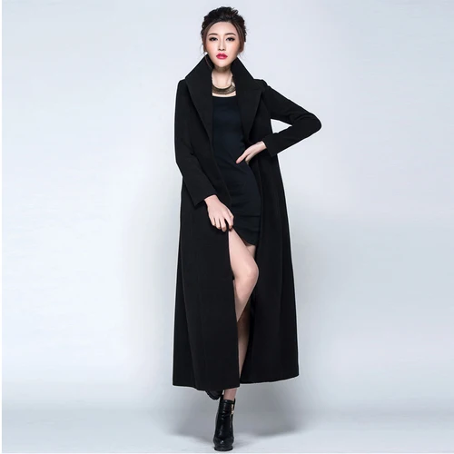 Black Winter Woman Coats Autumn and Winter New Lapel Thickening Women Long Coat Fashion Red Slim Woolen Coat Female Jacket - Color: Black