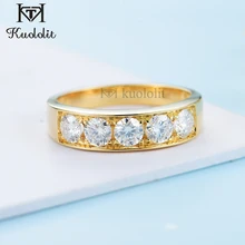 Kuololit anello in oro giallo massiccio 14K 10 carati per donna rotondo 4.0mm Moissanite solitario abbinato Eternity Wedding Band fidanzamento nuovo