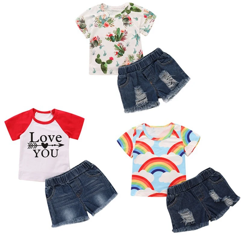 

Baby Clothes Summer Baby Boys Girls Casual Short Sleeve Floral Letter Print T-shirt Tops+Denim Shorts Costume Set