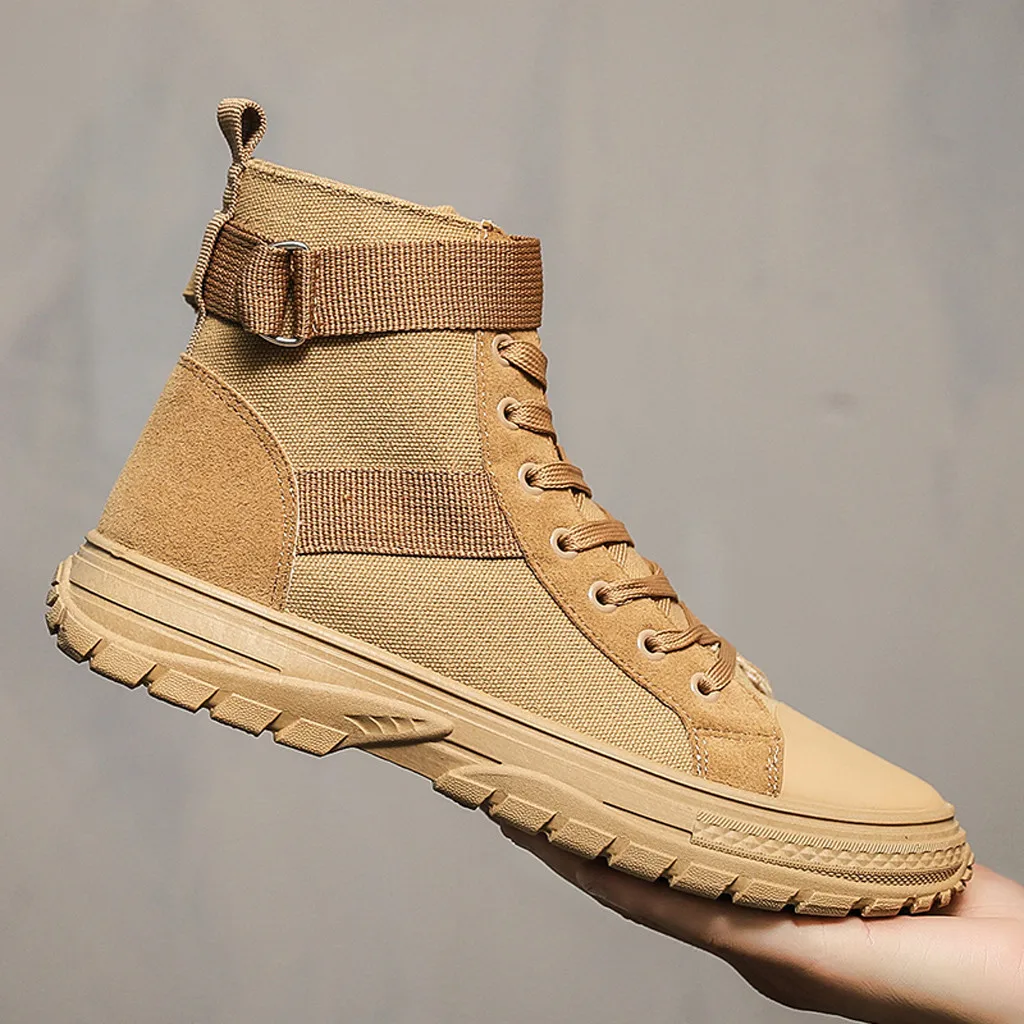 Belt Buckle Men's Retro England Lace Boots High-Top Tooling Canvas Shoes Male Solid Color Khaki Short Booties zapatillas hombre