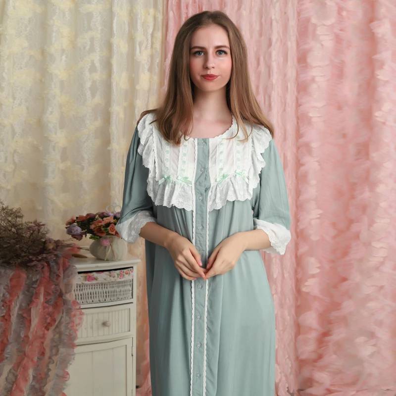 Cotton Nightgown Woman Nightdress Loose Homewear Long Dress Lady princess Sleepwear Summer Loose Nightgown Vintage Design - Цвет: green