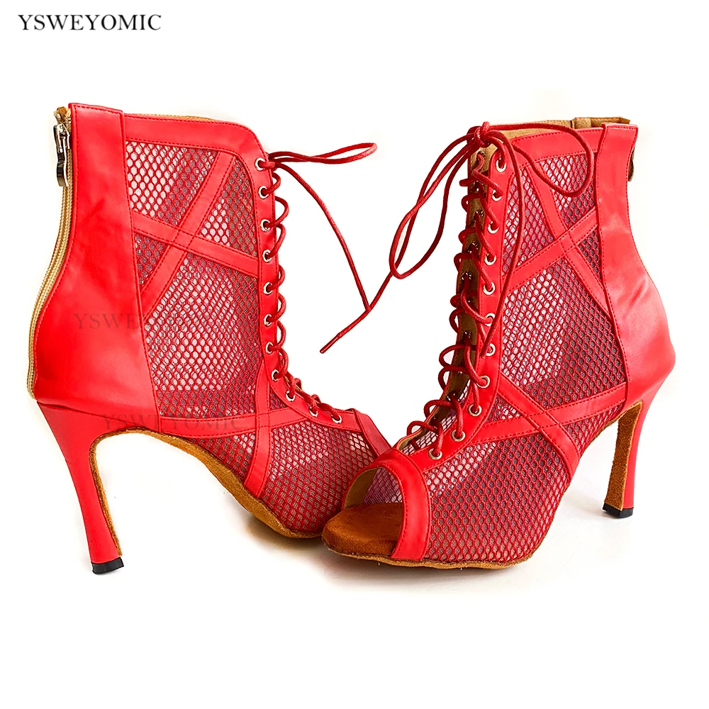 Red Leather Salsa Latin Dance Booties For Women in Big Size US11 Suede Outsole Use in Order Customized Heel Dance Shoes Women