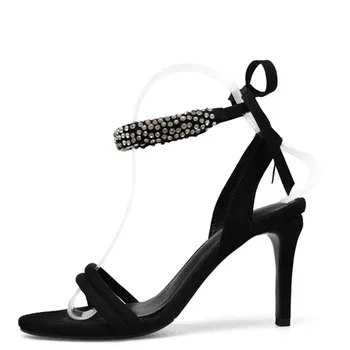 

YECHNE Women Rhinestone High heels Sandals Leather Peep Toe Sexy Hooks Shoes Sheep's fur Open Teen Black Brill Sandals