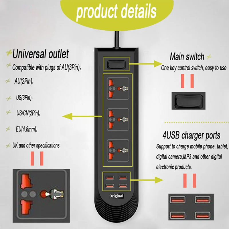 Блок питания 2/3 способ Универсальная Розетка с USB мобильный телефон зарядка Выключатель Питания Гнездо для шнура удлинителя ЕС Разъем для дома и офиса