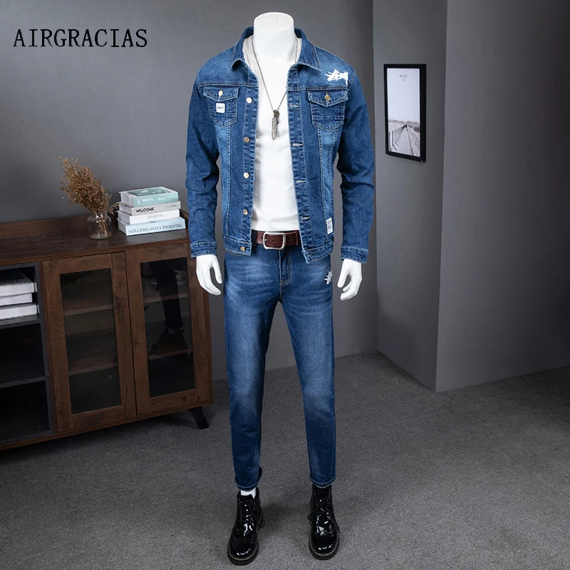 Denim Suit Jeans Man Jacket Two-Piece Fashion New Letter And Print Slim AIRGRACIAS Stretch