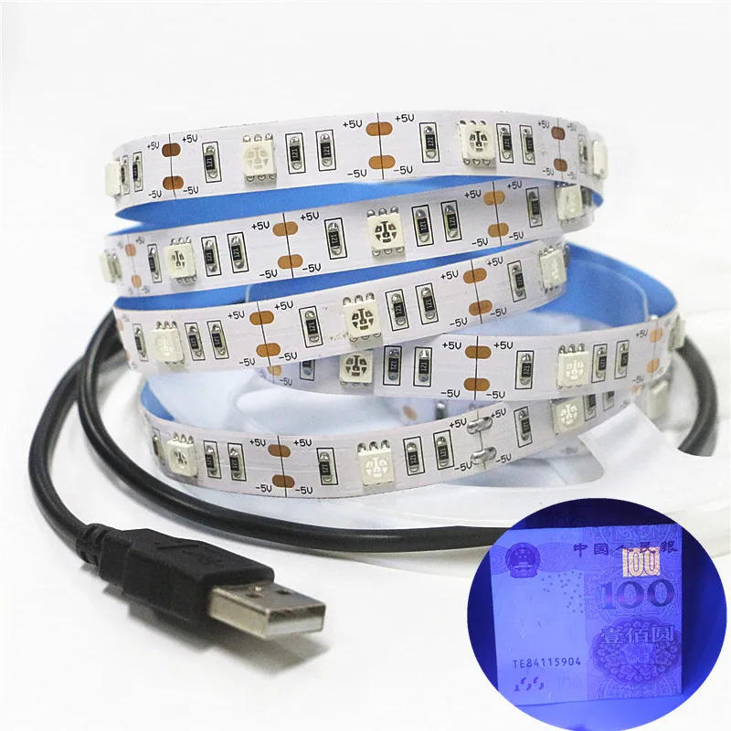 DC5V USB УФ светодиодная лента 395-405nm 5050 SMD 30 Led/m гибкая фиолетовая лампа для DJ флуоресцентные вечерние 0,5 m 1m 1,5 m 2m