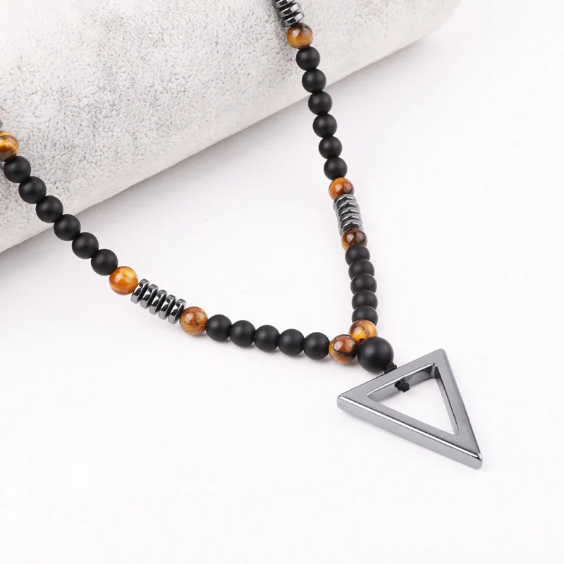 High Quality 24 Inches New Design Natural Stone Matte Onyx Tiger Eye Beads Hematite Triangle Charm Pendant Necklace For Men