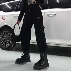 HOUZHOU – pantalon Cargo noir pour femme, surdimensionné, poches Hippie, Streetwear, Punk, Style coréen, survêtement féminin 