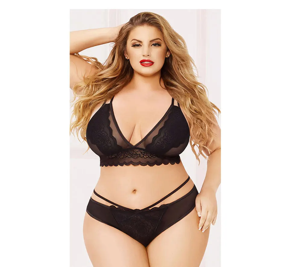 Stitching perspective large size lace sexy lingerie set underwear sexy mesh deep V