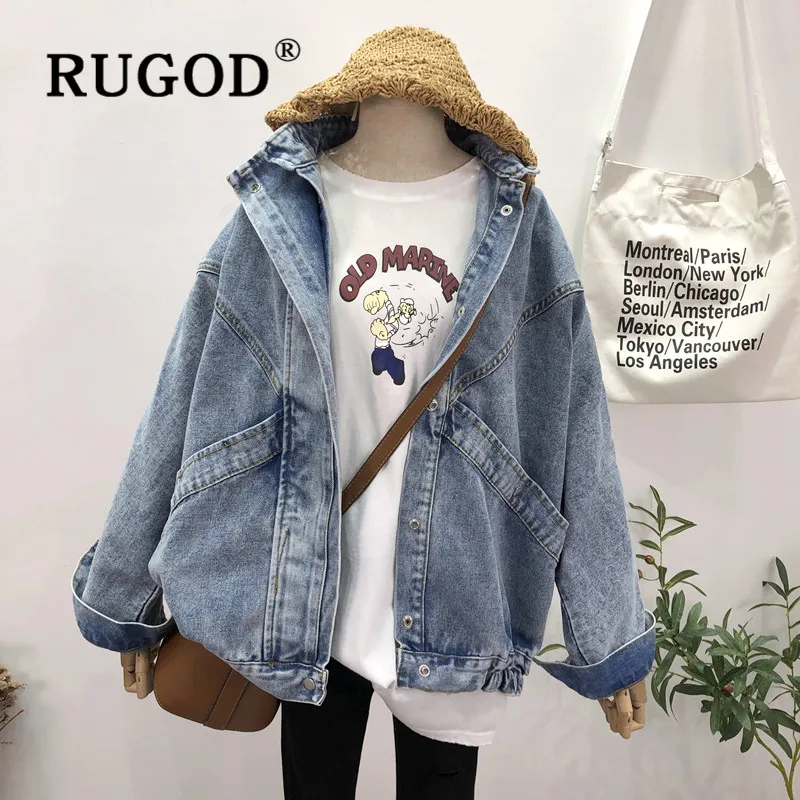 

RUGOD Jackets Women 2019 Spring And Autumn Vintage BF Solid Stand Collar BatwingLLong Sleeve Large Pockets Denim Outwears Casual Lady Veste Jean Femme