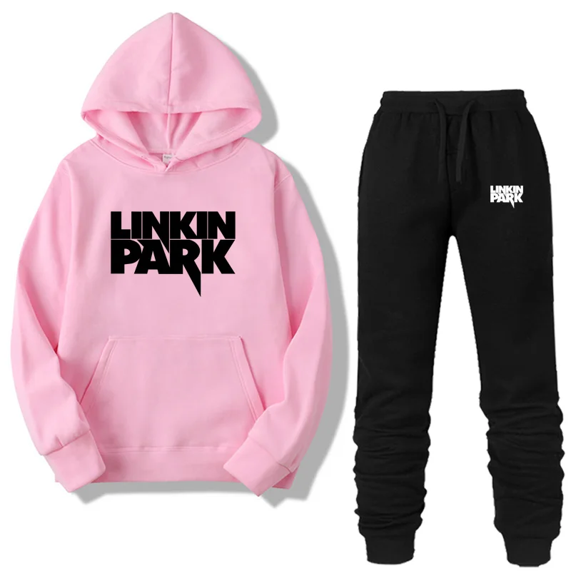 Модные толстовки с капюшоном LINKIN PARK из двух предметов, спортивная одежда для мужчин, спортивный костюм с капюшоном, осенняя мужская брендовая одежда, толстовки+ штаны, комплекты - Цвет: pink-B
