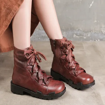 

1907-1 Retro Hand-made Lace Thick Heel Rubbing Famous Women's Shoes with Velvet and Warm Pure Cowhide Leather Martin Boots