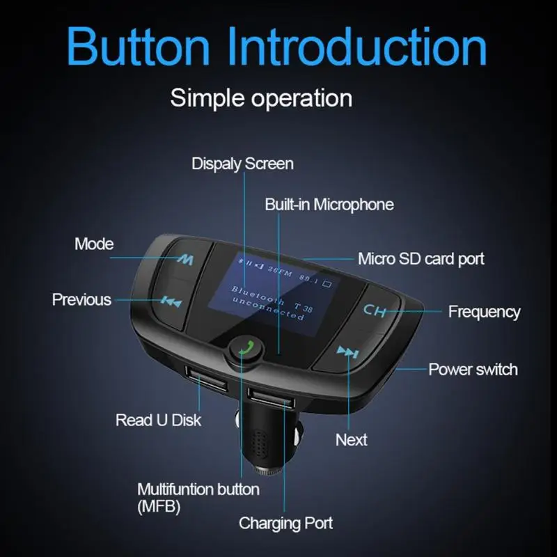 T38 3.1A 2 USB Автомобильное зарядное устройство MP3 плеер Bluetooth fm-передатчик черный классический цвет и простой прочный дизайн
