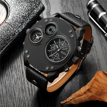 

Hot Fashion Men's Watches Black Leather Dual Time Zone Big Size Male Clock Quartz Wristwatch Luxury Military Watch Drop Shipping