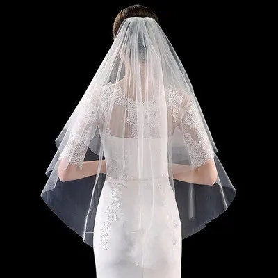 짧은 티슈 화이트 베일 수제 웨딩 파티 액세서리, 더블 레이어 헤어 빗, 와이어 헤드 루프 더블 헤어 빗 60/90