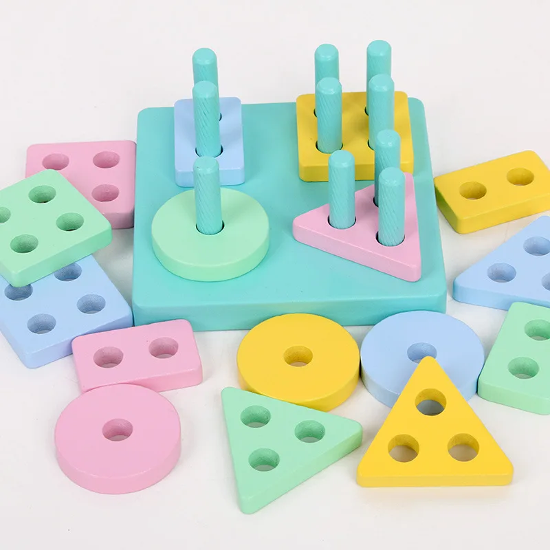 Четырехцветный чехол в форме макаруна Xb04, деревянный чехол в форме четырех колонок, строительные блоки, обучающая игрушка для детей