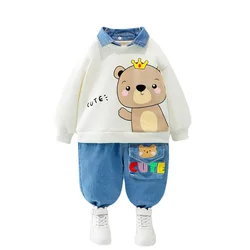 Roupas de primavera e outono para bebês, calças de camisa de desenhos animados para meninas e meninos, fantasia casual de algodão para crianças