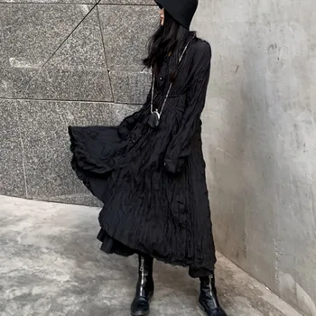 

SHENGPALAE 2020 New Spring Long Dress Women Vintage Loose High Waist Slim Was Thin Elegant Black Shirt Pleated Dress ZA2410