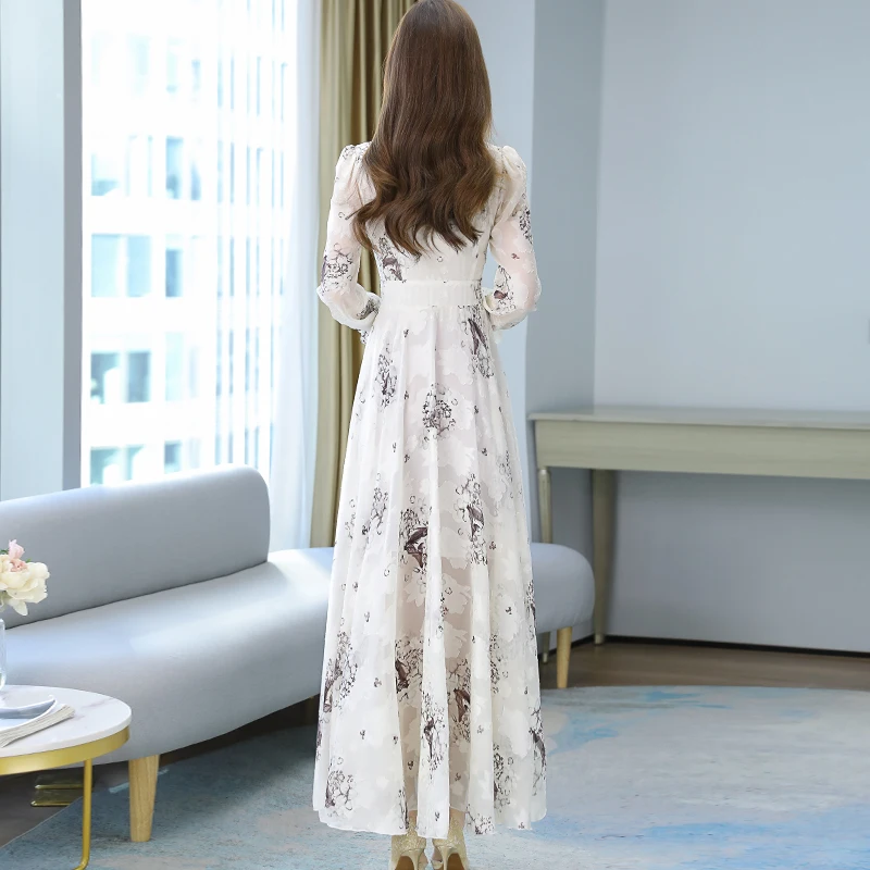 2021 New Spring And Autumn Dress Black And White Apricot Print Long Skirt High Quality Oversized Flower Long Sleeve Women's Chif