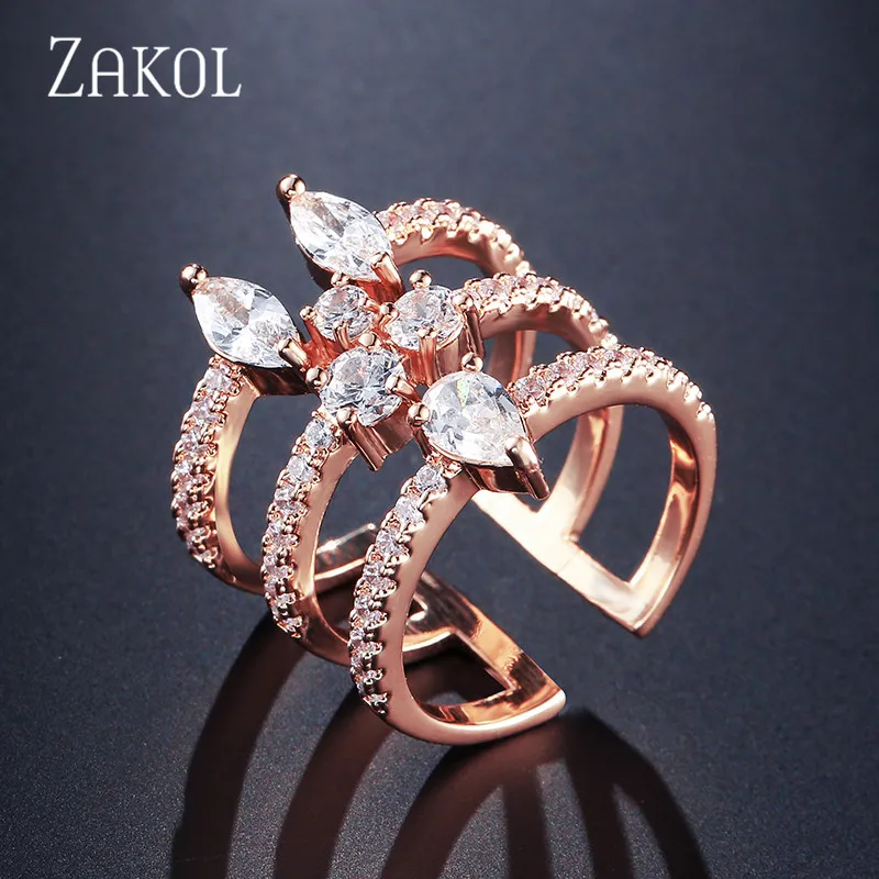 Rose Gold Color ZAKOL, новое модное кольцо белого цвета, AAA, кубический циркон, камень, Открытое кольцо, широкие Полые ювелирные изделия для женщин, FSRP245 - Цвет основного камня: Rose Gold Color