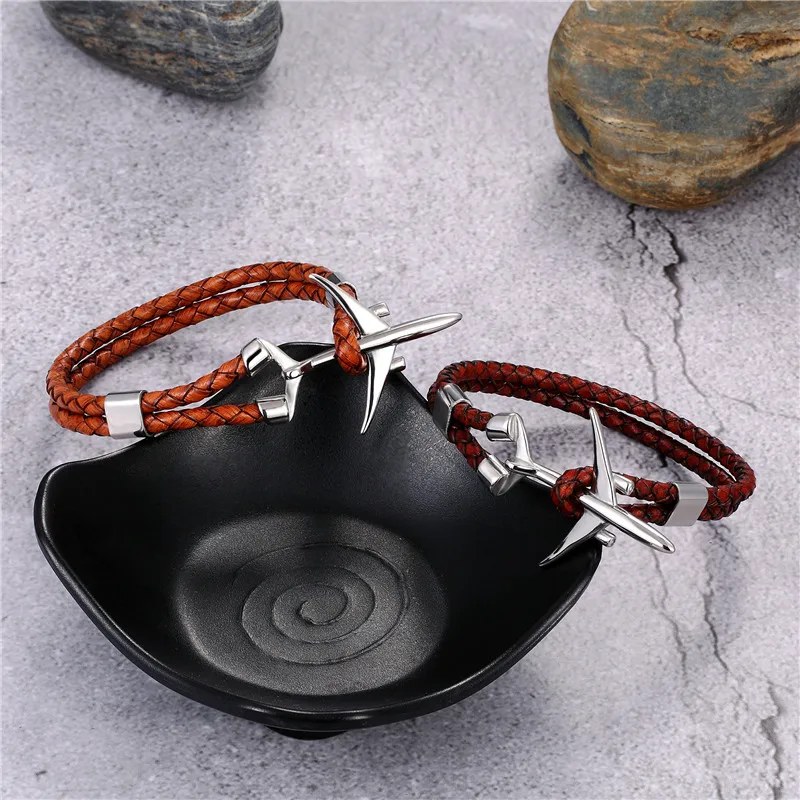 MKENDN Hot Sale Stainless Steel Airplane Anchor Bracelets Men Women Genuine Multilayer Leather Bracelet Freestyle Homme Jewelry