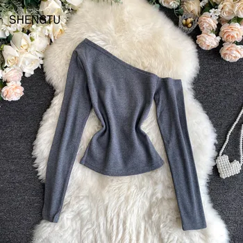 

Spring Autumn Women's Knitted Tops Korea Style Oblique Collar Strapless Long Sleeve Tops New Solid Color Woman Base Tops LL124