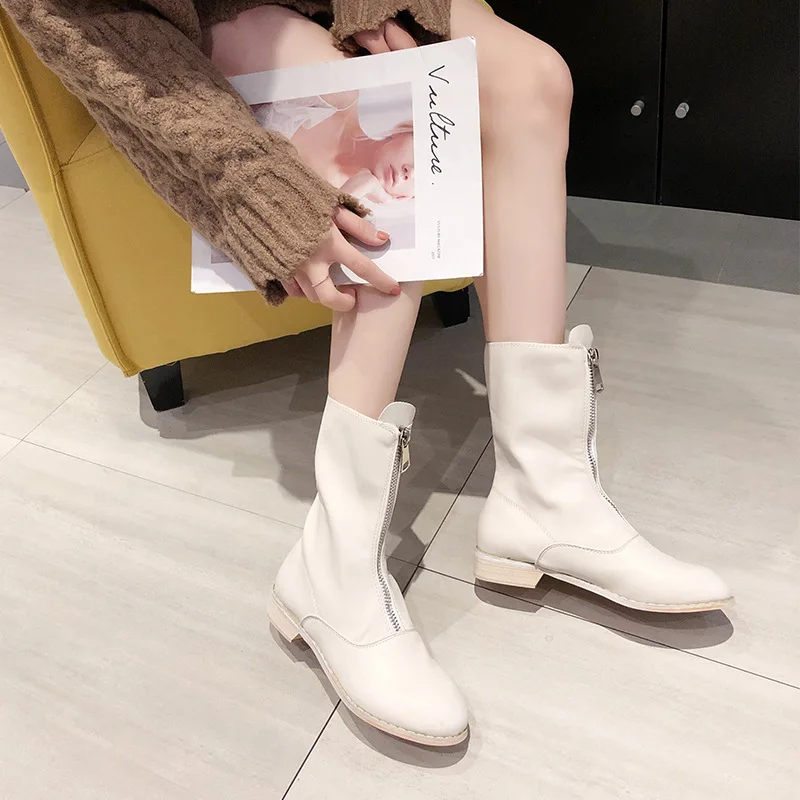 

Front Zipper Short Boots Women's British-Style Martin Boots Autumn Single Boots Versatile Middle Boots Women's INS Online Celebr