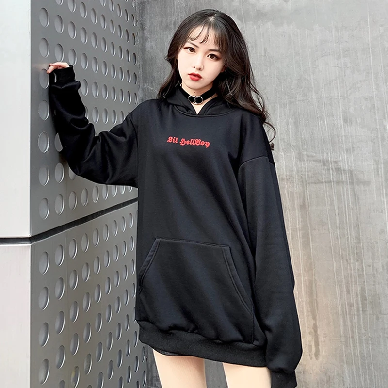 Fall Black Harajuku Hoodies Women Sweatshirt Punk Gothic Girls Devil Wing Loose Autumn Pullover Top Warm Casual Sweatshirt