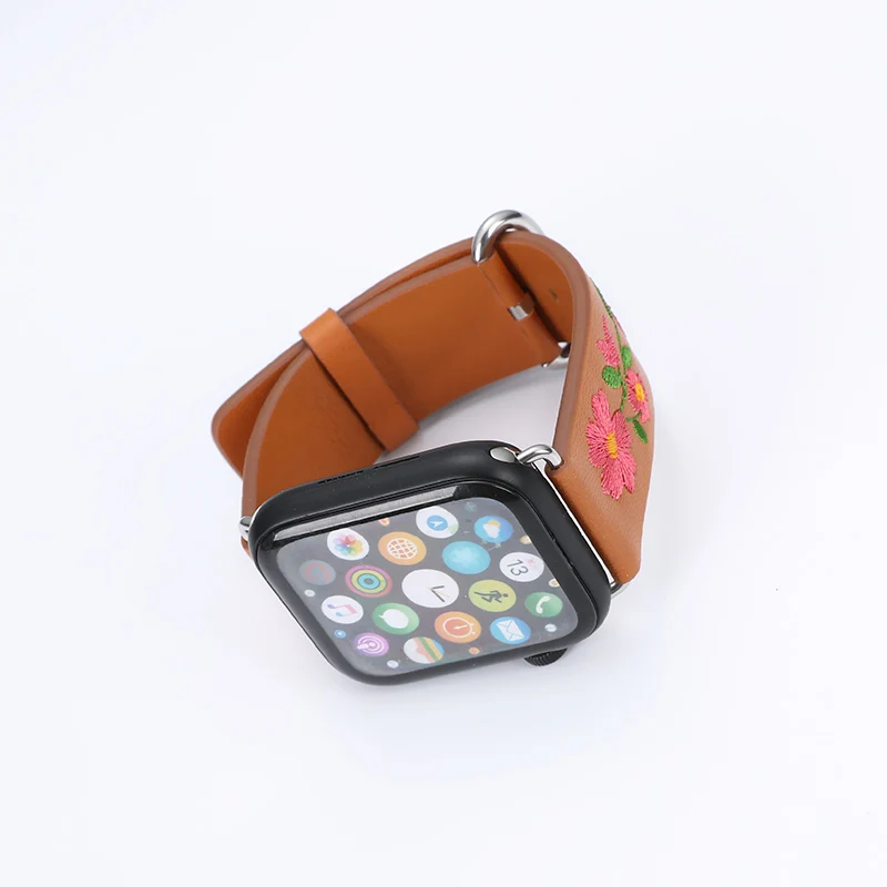 Замена Apple Watch кожаный ремешок 38 мм 42 мм 1 2 3 серии красный цветок вышивка дамы мужские Rep мужской запасной браслет ремешок