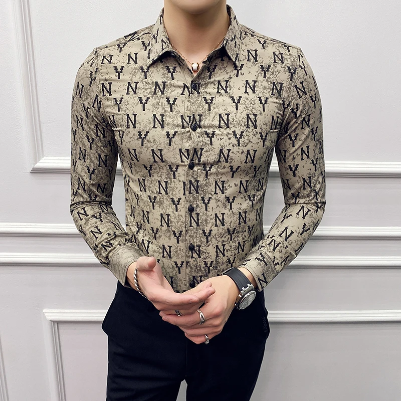 British Style Men Shirt Designer Letter Print Casual Slim Fit Long Sleeve Blouse Homme Streetwear Social Formal Tuxedo Shirts British Style Men Shirt Designer Letter Print Casual Slim Fit Long Sleeve Blouse Homme Streetwear Social Formal Tuxedo Shirts