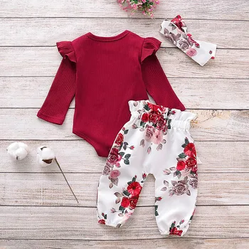 

Infant Baby Girls Ruffles Solid Romper Bodysuit+Floral Pants+Headband Outfits baby girl clothes newborn clothes ropa niña