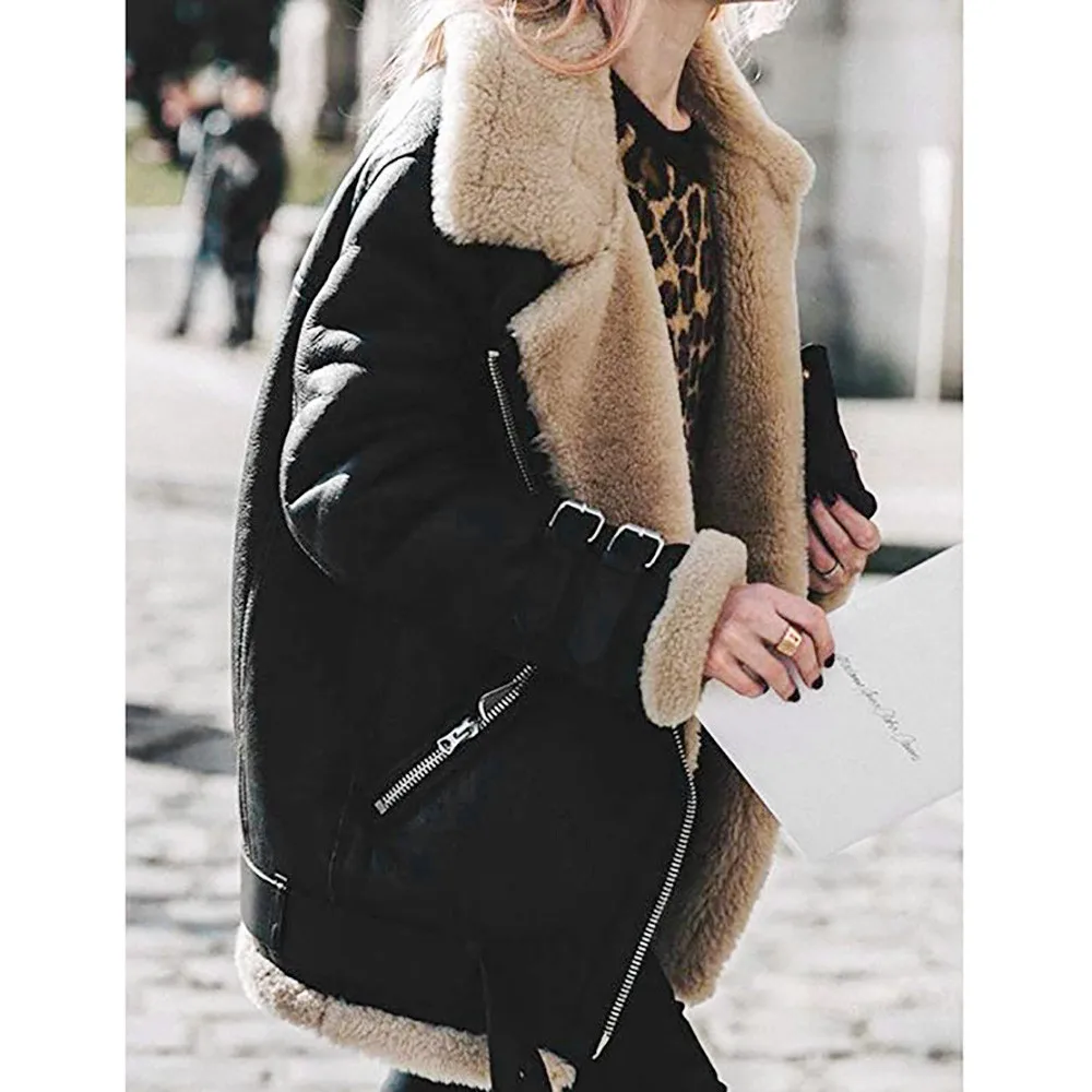 Пальто и куртки женская зимняя флисовая верхняя одежда из искусственного меха теплая байкерская куртка-Авиатор с отворотом и карманами для женщин 2018oct11