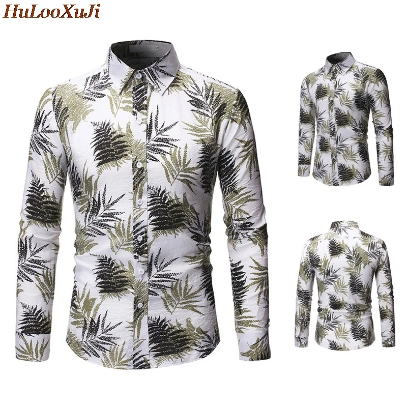 HuLooXuJi/мужские рубашки с принтом листьев, повседневные весенние топы в гавайском стиле с отложным воротником и длинными рукавами, блуза