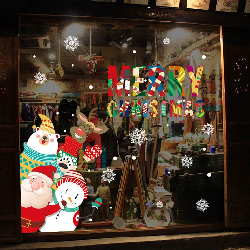 Счастливого Рождества окна ПВХ наклейки Navidad украшения для дома витрина Снежинка Наклейки на стены настенные панно с Санта-Клаусом DIY стеклянный Декор