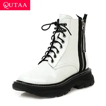 

QUTAA 2021 PU Leather Casual Round Toe Ankle Boots Autumn Winter Square Heel Short Boots Lace Up Zipper Women Shoes Size 34-40