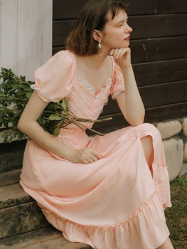 

Original Design AIGYPTOS Summer Women Vintage Elegant Slim Pink Dresses Casual Loose Lace Patchwork Beach Vacation Long Dresses