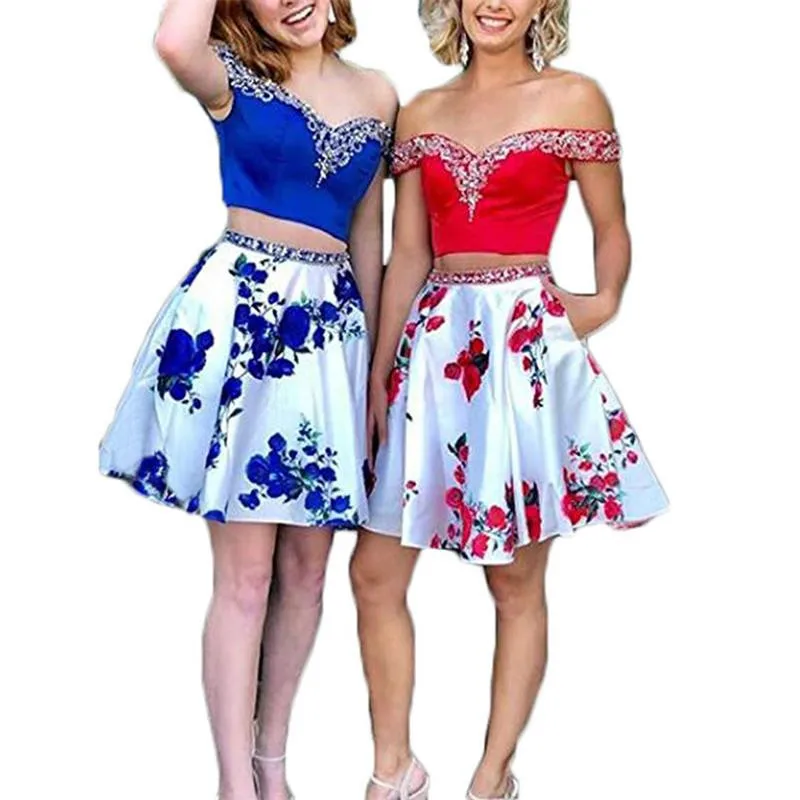 

Floral Print Homecoming Dresses Short Two Piece Off the Shoulder Satin Beaded Prom Dress with Pockets