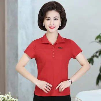 

Women Summer Polo Shirts Red Orange Plain Colour Short Sleeve Turn Down Collar Cotton Top Woman Front Button Design Polo Shirt