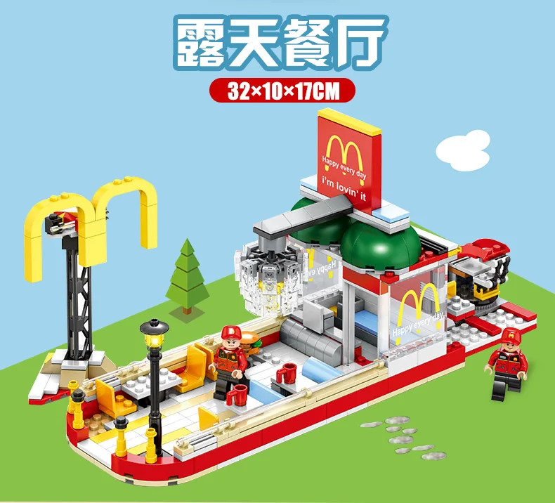 MOC 4 в 1 серия город мини уличный вид светодиодный McDonaldss Ресторан Дом строительные блоки кирпичи игрушки модель архитектура SD6901