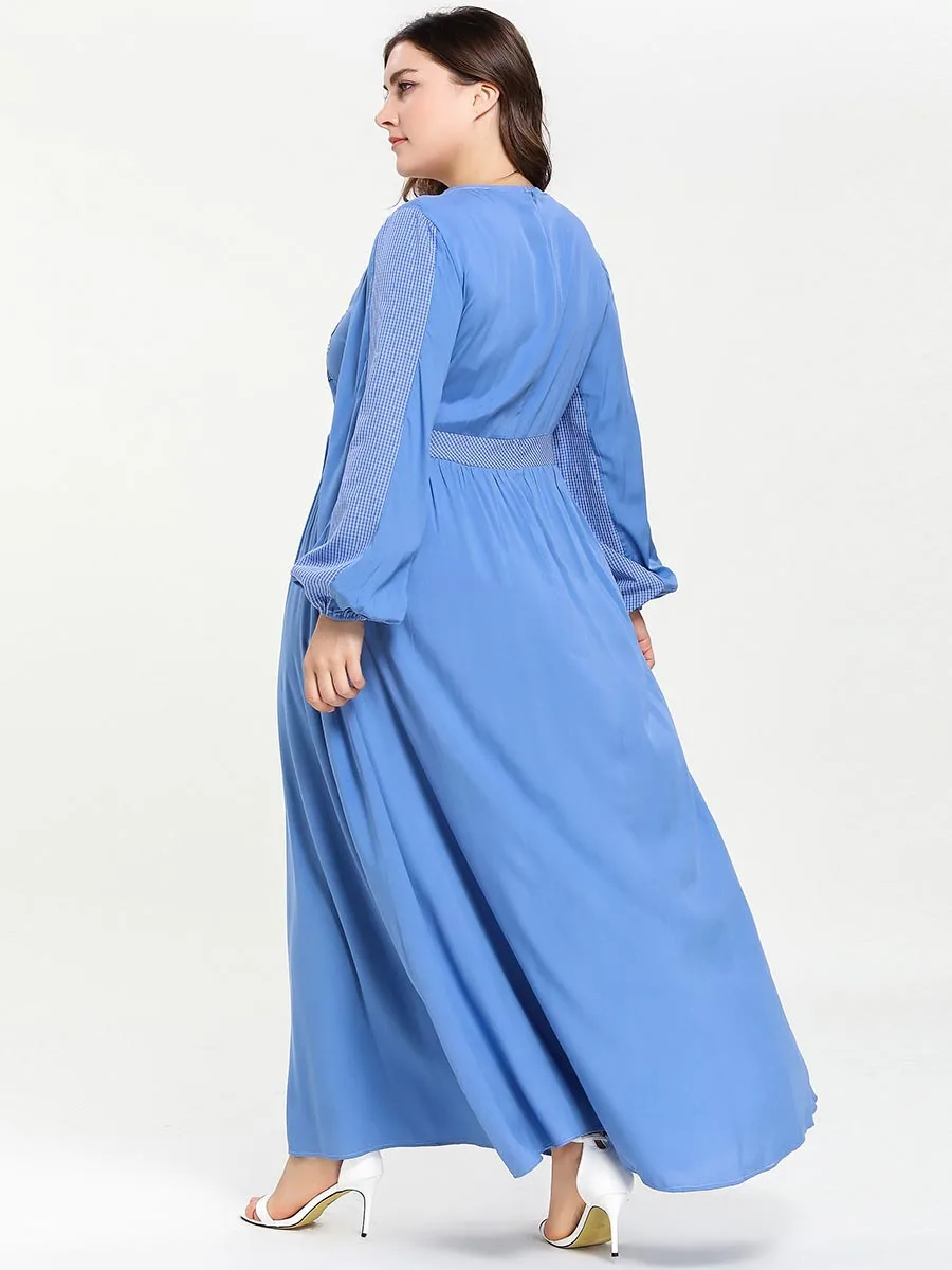 Плюс Размеры Для женщин модные Абая, для мусульман Fit и flare платье с длинными рукавами и круглым вырезом в клетку патч Вышивка Высокая талия