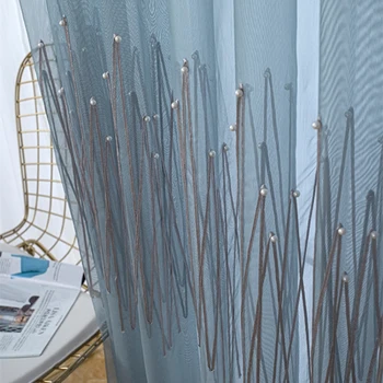 

Nordic Luxury Pearls Embroidered Tulle Curtain for Living Room Bay Window Stripe Curtain Sheer Drape Home Decoration S561#40