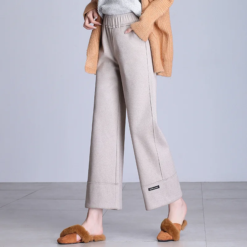 Wide Leg Pants Women High Waisted Elastic Autumn Winter Warm Solid Color Elegant Wool Office Lady Woolen Trousers Plus Size