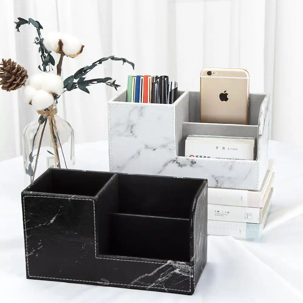 Multi Functional Pu Leather Desk Organizer Marble Storage Box Pen