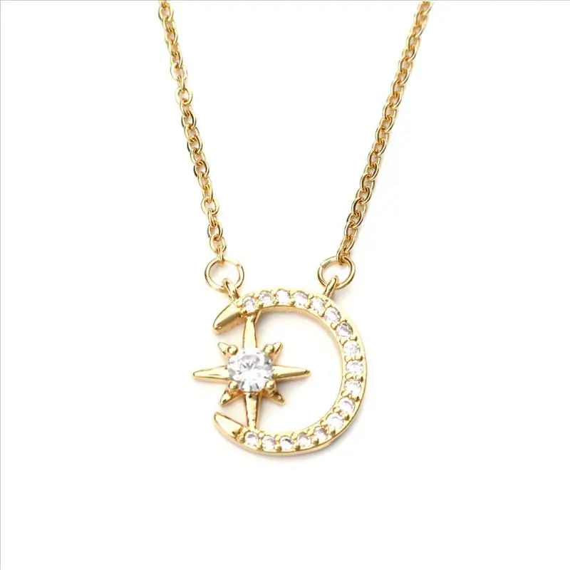 New Stainless Steel Chain Necklace Half Moon Star Pendant Gold Clear Cubic Zirconia Women Jewelry Gift 45cm Long 1 PC | Украшения и
